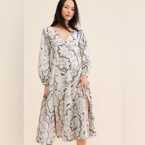 NWT Anthropologie Long-Ballon Sleeve V-Neck Midi Dress with pockets sz L…